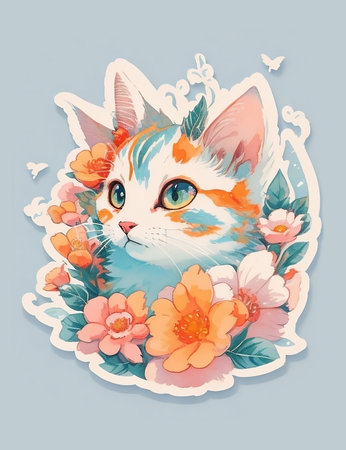 青の背景にかわいい猫と花の水彩イラストの写真素材・画像素材